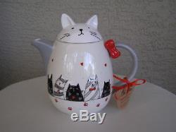 10 STRAWBERRY STREET Tea Pot Set Cups Tray Black Gray Cat Hearts. Magenta