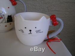 10 STRAWBERRY STREET Tea Pot Set Cups Tray Black Gray Cat Hearts. Magenta