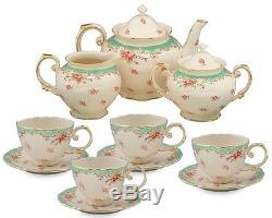 11 Piece China Tea Set Fine Porcelain Service Vintage Green Rose Pot Saucer Cup