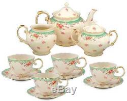 11 Piece China Tea Set Service Vintage Green Rose Porcelain Pot Saucers Cups NEW