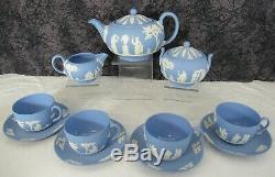 (13) Pc. Vintage Wedgwood Blue Jasper Ware Jasperware Tea Set Teapot +