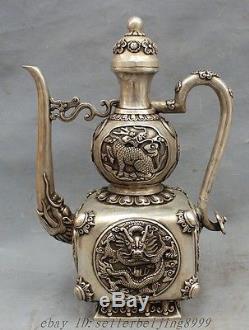 14 Tibet Silver Buddhism FengShui Dragon Kylin Flower Statue Wine Pot Teapot