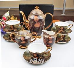 15PCS Bone China Golden Mona Lisa Coffee Tea Set Pot/Sugar/Creamer/Cup/Saucer