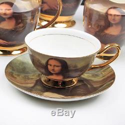 15PCS Bone China Golden Mona Lisa Coffee Tea Set Pot/Sugar/Creamer/Cup/Saucer