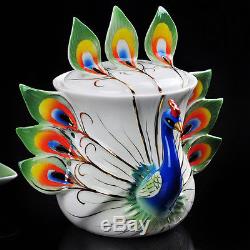 15PCS Porcelain Green Peacock Coffee Set Tea Set Pot/Cup/Creamer/Saucer/Spoon