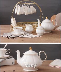 15 Pieces Simple White English Ceramic Tea Sets, Tea Pot, Bone China Cups with Met