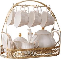 15 Pieces Simple White English Ceramic Tea Sets, Tea Pot, Bone China Cups with Met