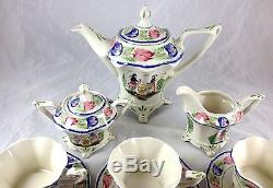 17 Pc French Breton Quimper Style Porcelain Tea Set Cream Sugar Cups & Saucers