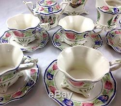 17 Pc French Breton Quimper Style Porcelain Tea Set Cream Sugar Cups & Saucers