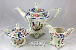 17 Pc French Breton Quimper Style Porcelain Tea Set Cream Sugar Cups & Saucers