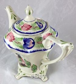 17 Pc French Breton Quimper Style Porcelain Tea Set Cream Sugar Cups & Saucers