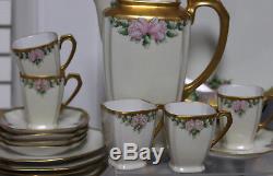 17psc Antique Hand Painted Chocolate set Cups Saucers Cocoa /Teapot Plates