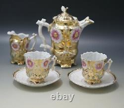 1800's VIENNA EGGSHELL PORCELAIN GOLD EMBOSSED FLOWERS CHOCOLATE POT CUPS SET