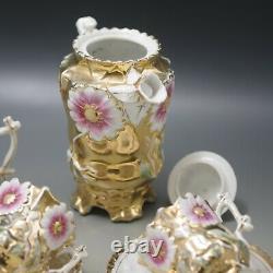 1800's VIENNA EGGSHELL PORCELAIN GOLD EMBOSSED FLOWERS CHOCOLATE POT CUPS SET