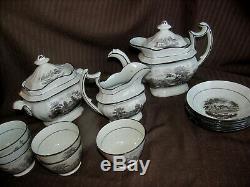 1800s England Staffordshire Antique TEA SET Black Transferware 15pcTeapot