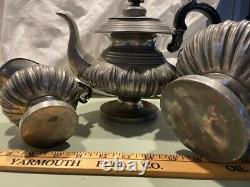 1830s Federal Period Antique Pewter Dart Tea Set Tea Pot Creamer Sugar Bowl 3pcs