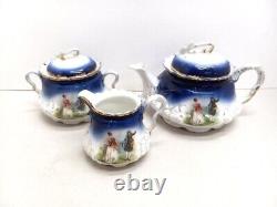 1895 P. M Bavaria Cobalt Blue Portrait Gold Gilt German Tea Pot Creamer Sugar Set