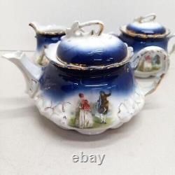 1895 P. M Bavaria Cobalt Blue Portrait Gold Gilt German Tea Pot Creamer Sugar Set