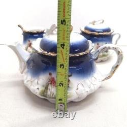 1895 P. M Bavaria Cobalt Blue Portrait Gold Gilt German Tea Pot Creamer Sugar Set