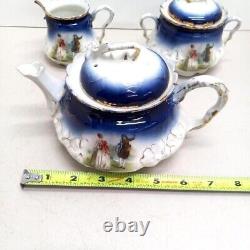 1895 P. M Bavaria Cobalt Blue Portrait Gold Gilt German Tea Pot Creamer Sugar Set