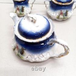 1895 P. M Bavaria Cobalt Blue Portrait Gold Gilt German Tea Pot Creamer Sugar Set
