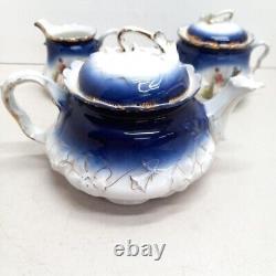 1895 P. M Bavaria Cobalt Blue Portrait Gold Gilt German Tea Pot Creamer Sugar Set