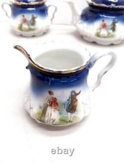 1895 P. M Bavaria Cobalt Blue Portrait Gold Gilt German Tea Pot Creamer Sugar Set
