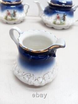 1895 P. M Bavaria Cobalt Blue Portrait Gold Gilt German Tea Pot Creamer Sugar Set