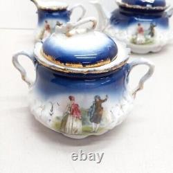 1895 P. M Bavaria Cobalt Blue Portrait Gold Gilt German Tea Pot Creamer Sugar Set