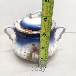 1895 P. M Bavaria Cobalt Blue Portrait Gold Gilt German Tea Pot Creamer Sugar Set