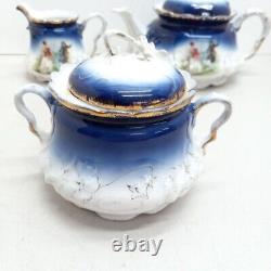 1895 P. M Bavaria Cobalt Blue Portrait Gold Gilt German Tea Pot Creamer Sugar Set