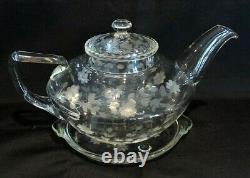 1920 PYREX CORNING TEAPOT 3pc Tea Pot Set with Tray in Clear Etched Glass CARDER