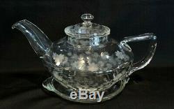1920 PYREX CORNING TEAPOT 3pc Tea Pot Set with Tray in Clear Etched Glass CARDER