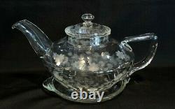 1920 PYREX CORNING TEAPOT 3pc Tea Pot Set with Tray in Clear Etched Glass CARDER