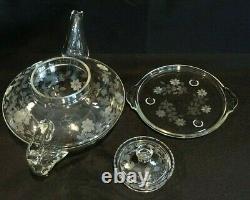 1920 PYREX CORNING TEAPOT 3pc Tea Pot Set with Tray in Clear Etched Glass CARDER