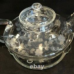 1920 PYREX CORNING TEAPOT 3pc Tea Pot Set with Tray in Clear Etched Glass CARDER