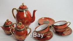 1920 Rare 14pc Nippon Tokusei Tea Set Porcelain Dragons Red Gold Black Teapot
