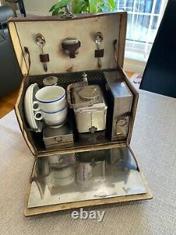 1920's VINTAGE PICNIC SET IN LEATHER CASE. SPIRIT KETTLE / TEAPOT & ACCESSORIES