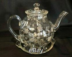1929 PYREX CORNING TEAPOT 3pc Tea Pot Set with Tray in Clear Etched Glass CARDER