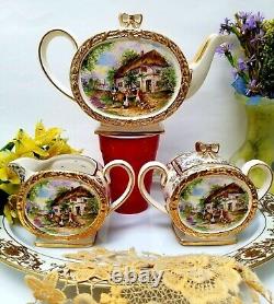 1930 Sadler Barrel English Tea Set Teapot Creamer Sugar Hand Painted English DC1