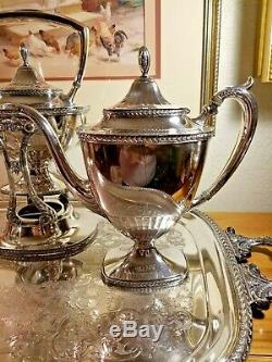 1930's Vtg. WALLACE 7-Pc LAUREL Silverplate COMPLETE SET Coffee/Teapot N6712 EUC