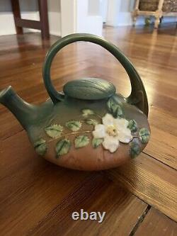 1940's Roseville White Rose Tea Set Teapot, Creamer, Sugar Bowl