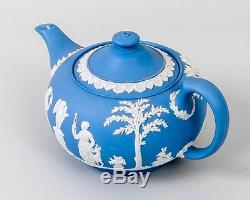 1940s Wedgwood 3 Piece Tea Set Jasperware Blue & White Teapot, Sugar, Creamer