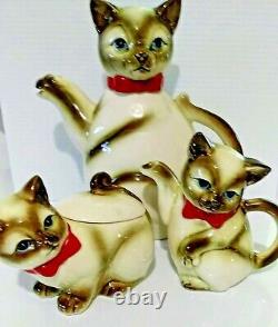 1950's Kasuga Ware Siamese Cat and Kittens Teapot Set Vintage