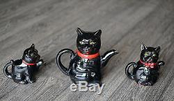 1950s Shafford black cat tea pot, creamer and sugar bowl made in Japan