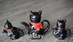 1950s Shafford black cat tea pot, creamer and sugar bowl made in Japan