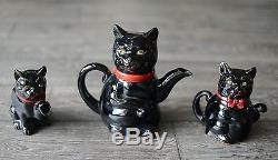 1950s Shafford black cat tea pot, creamer and sugar bowl made in Japan