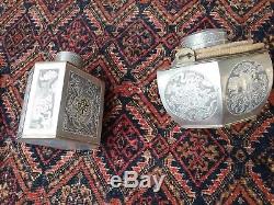 19 th Chinese tea set gilded pewter tray dragoon teapot caddy