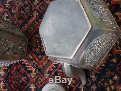 19 th Chinese tea set gilded pewter tray dragoon teapot caddy