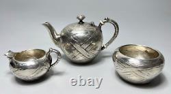 19c. Art Nouveau J. C. Klinkosch Vienna Silver Tea Pot Set Trompe l'oeil Banded